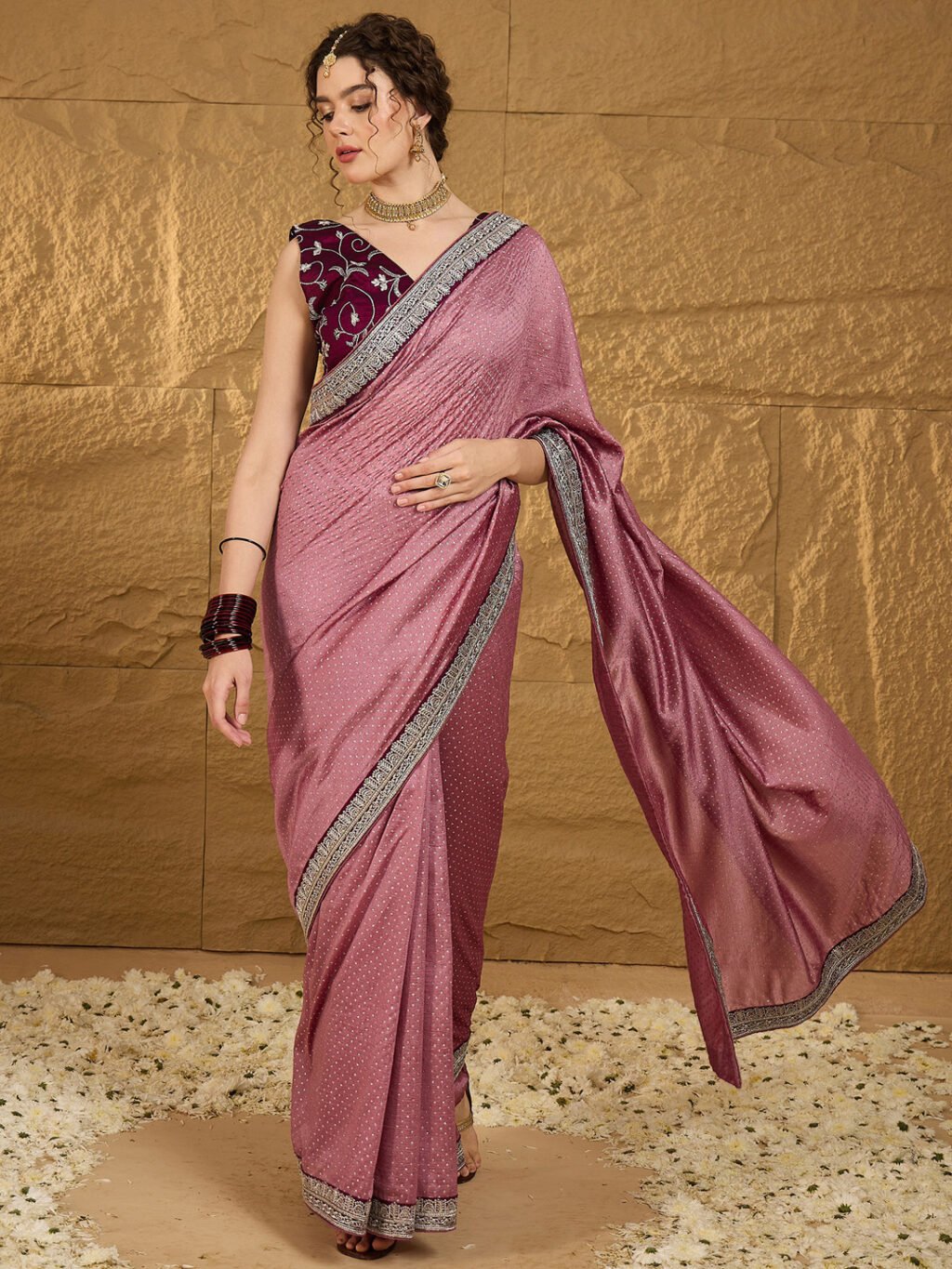 Mauve Designer Georgette Vichitra Silk Saree - Image 4