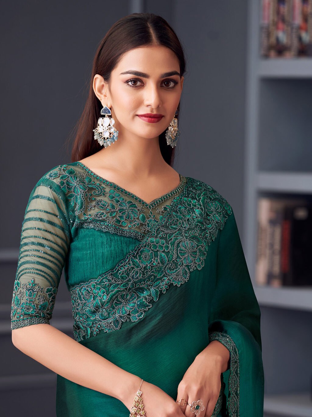 Teal Blue Georgette Satin Saree - Image 2