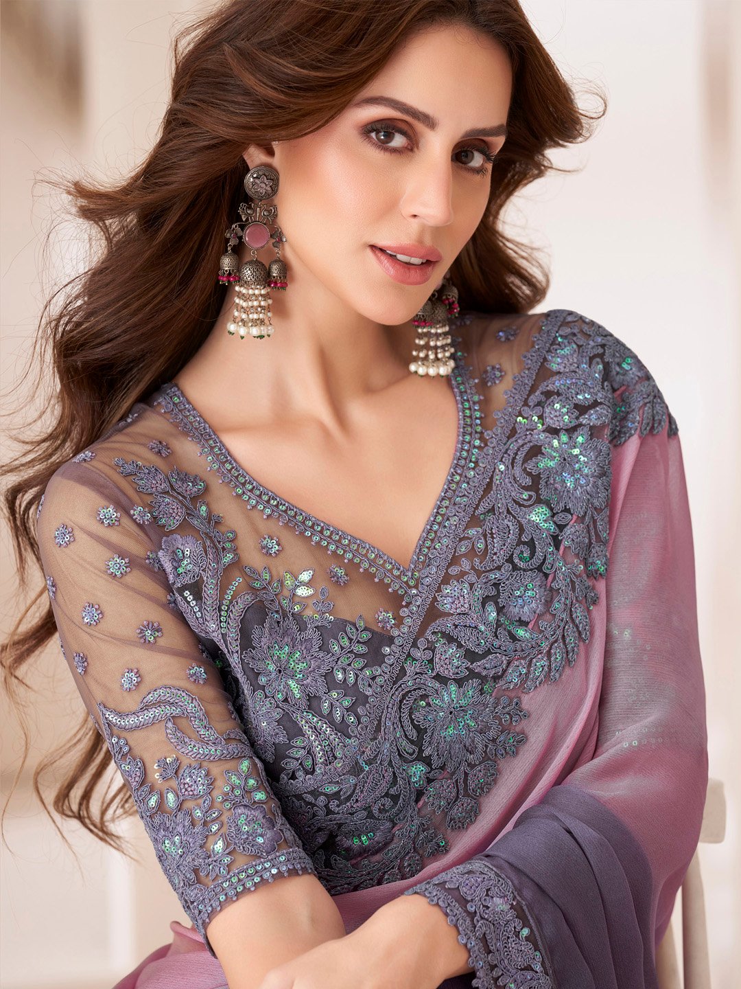 Pinkish Grey Chiffon Lightweight Weave Saree
