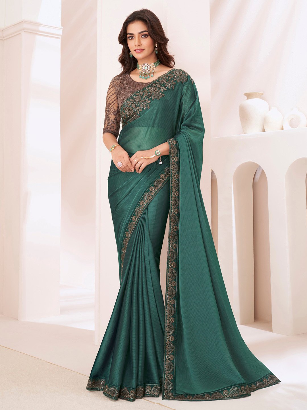 Heritage Green Flowing Georgette Digital Print Saree