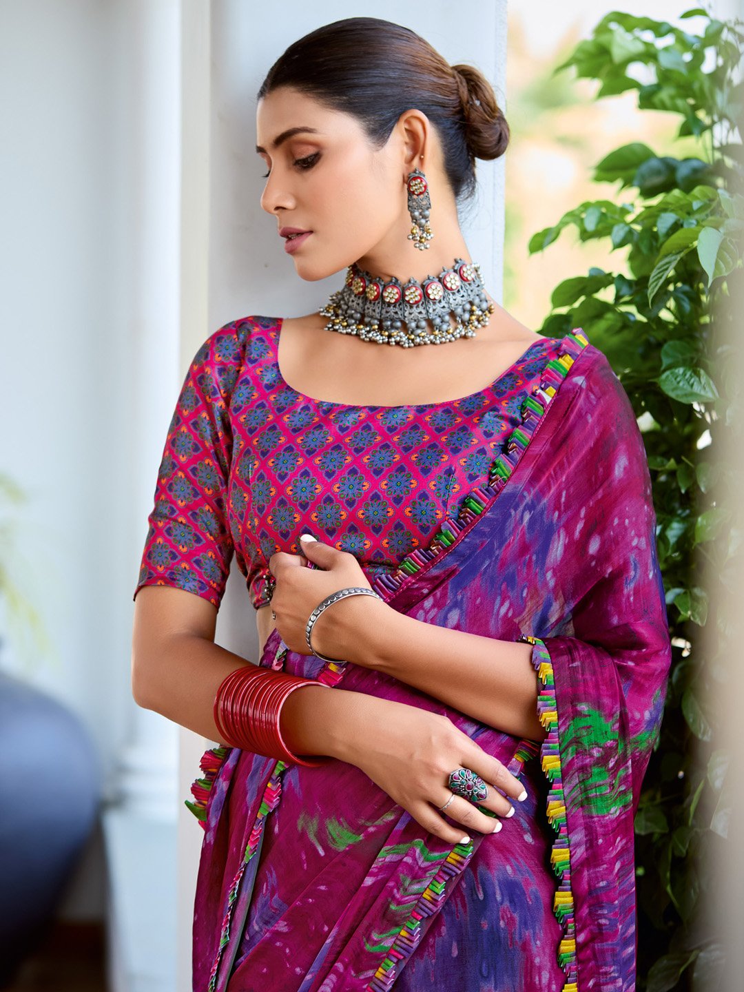 Magenta Printed Satin  Saree