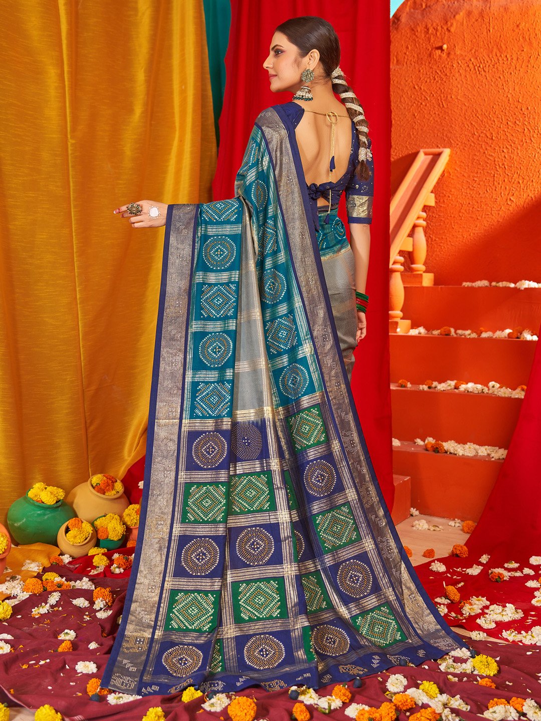 Grey Bandhej Tussar Silk Saree