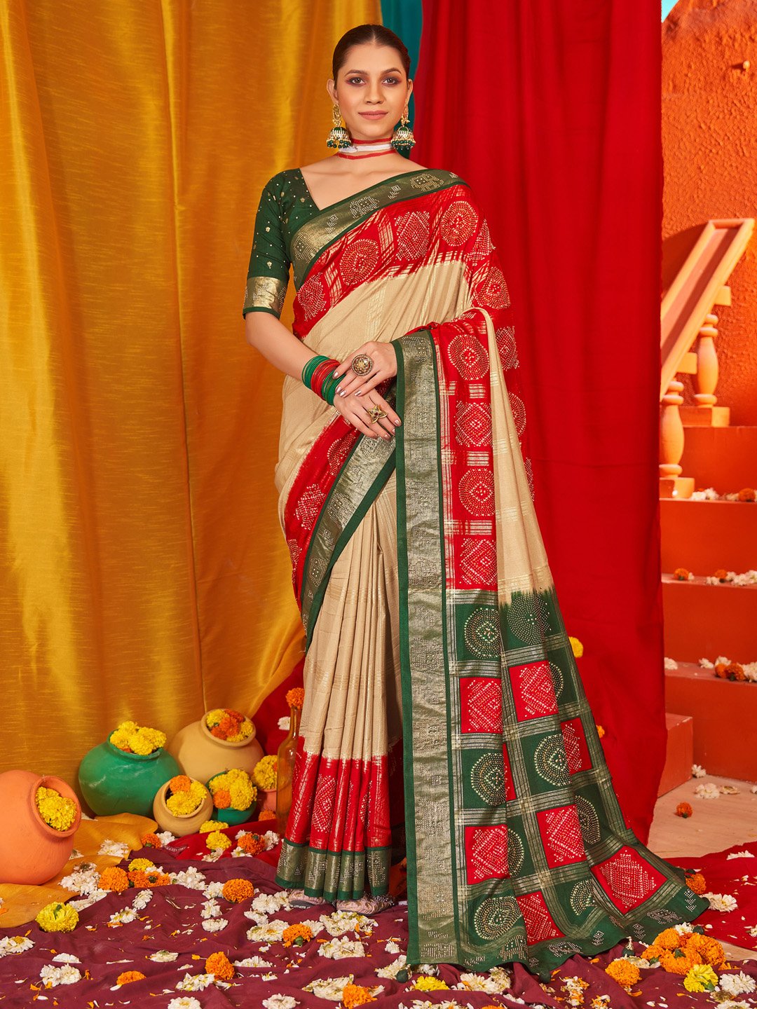 Beige Bandhej Tussar Silk Saree