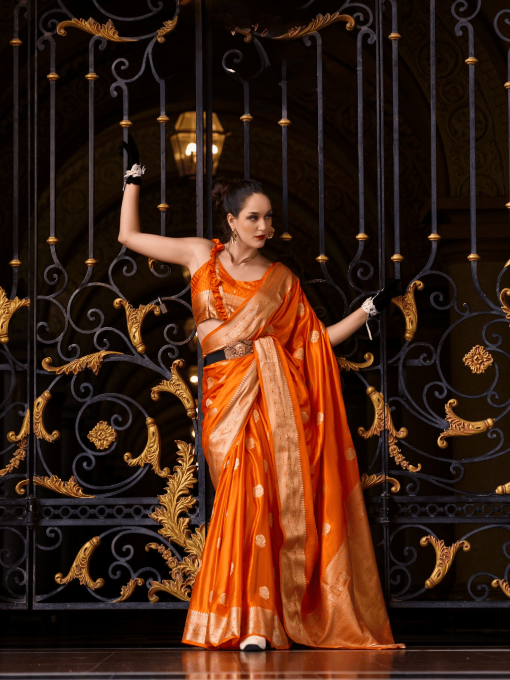 Orange Satttin Munga Silk Saree - Image 4
