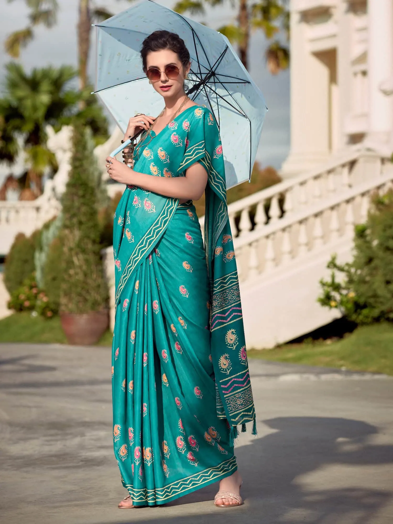 Teal Blue Printed Mal Mal Silk Saree
