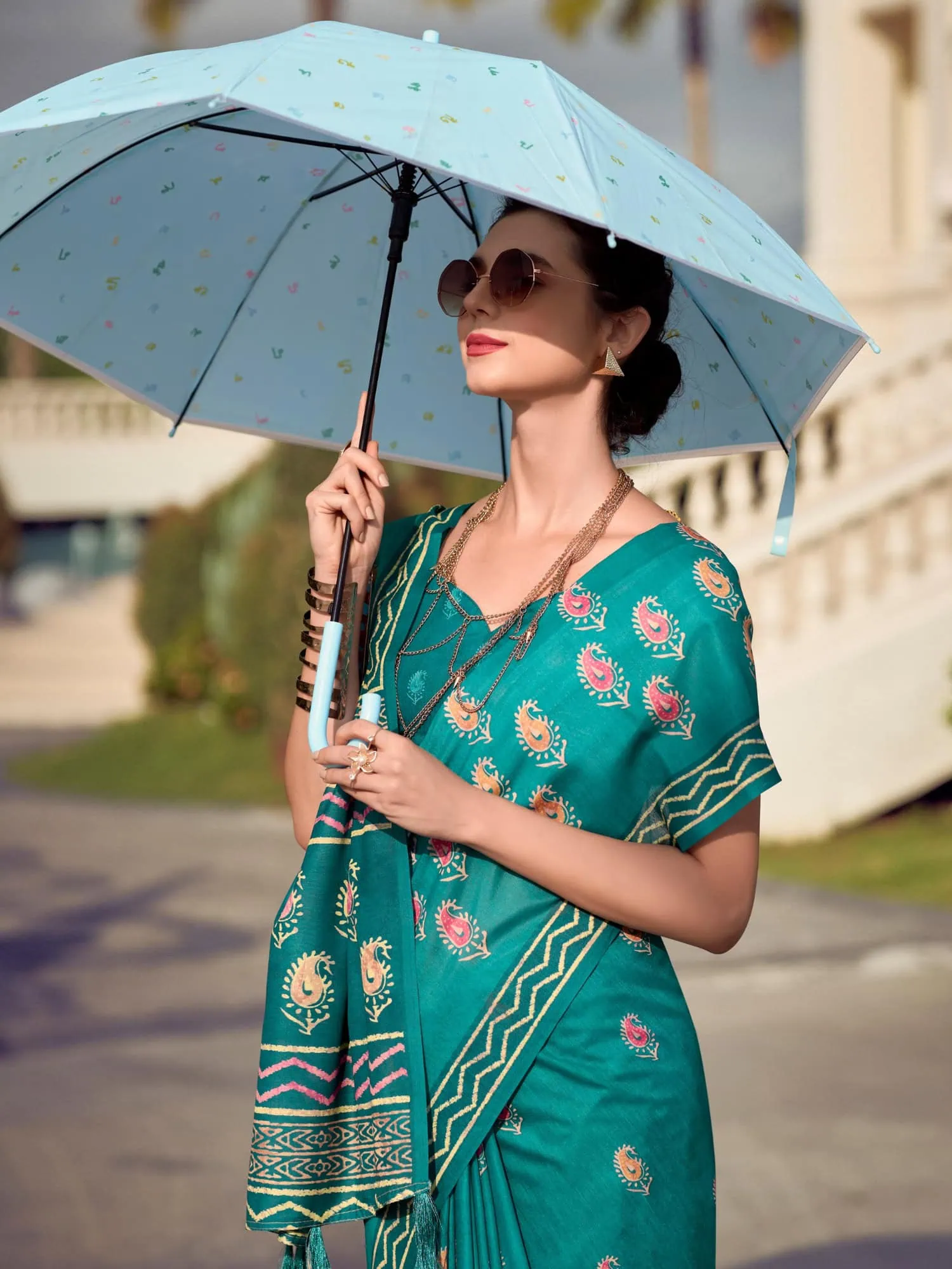 Teal Blue Printed Mal Mal Silk Saree
