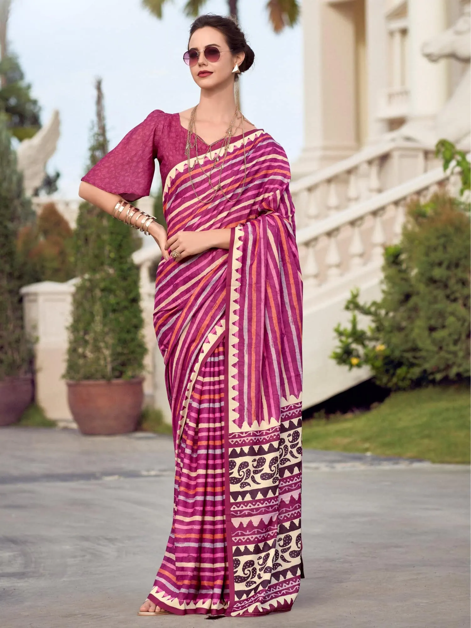 Pink Printed Mal Mal Silk Saree