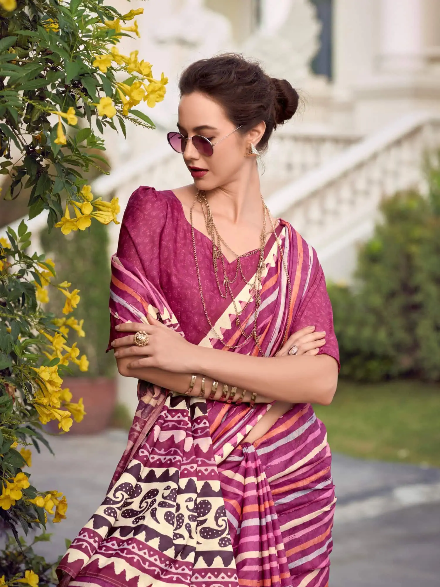 Pink Printed Mal Mal Silk Saree