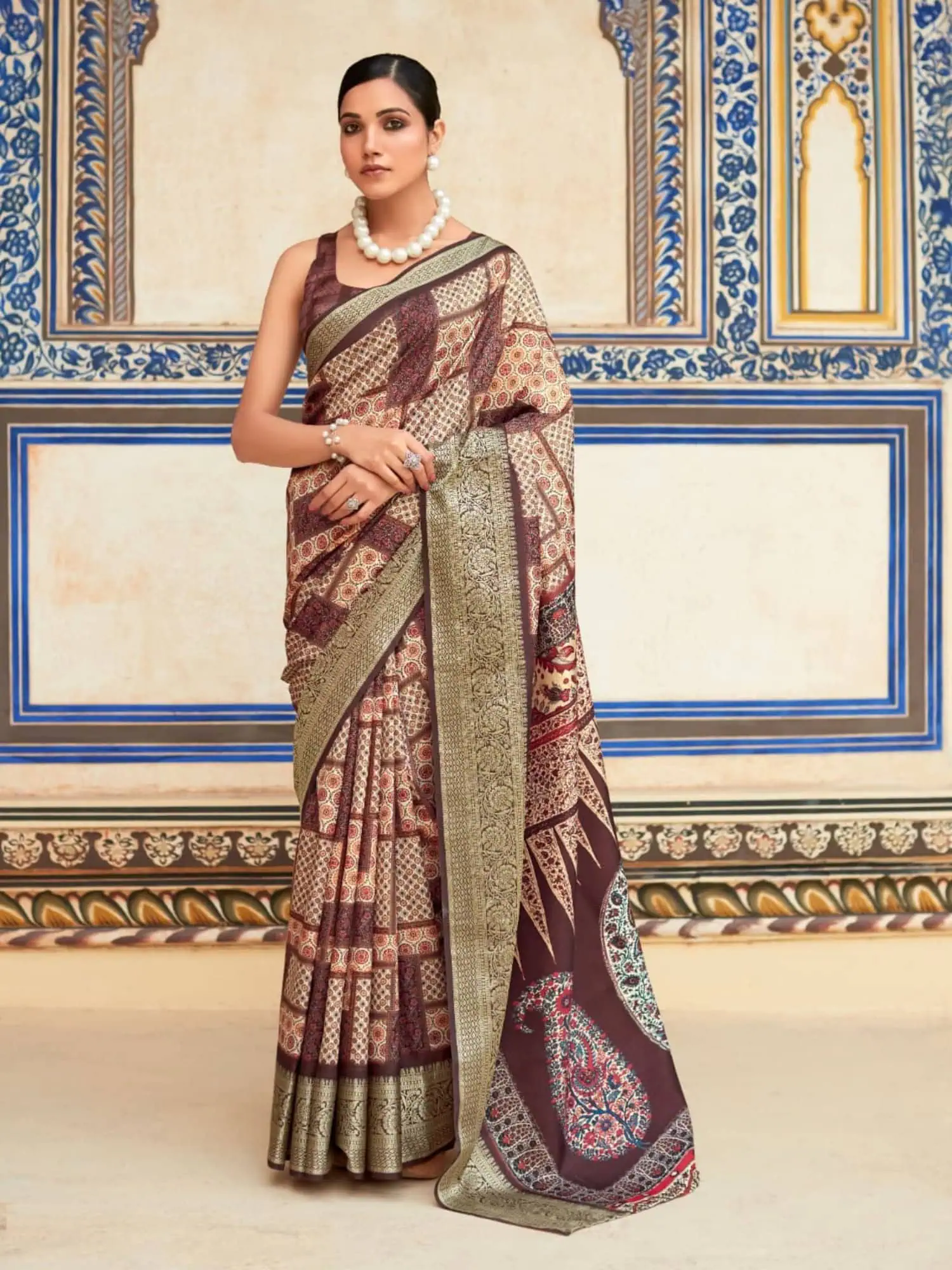 Creamish Brown Dola Handloom Silk Saree