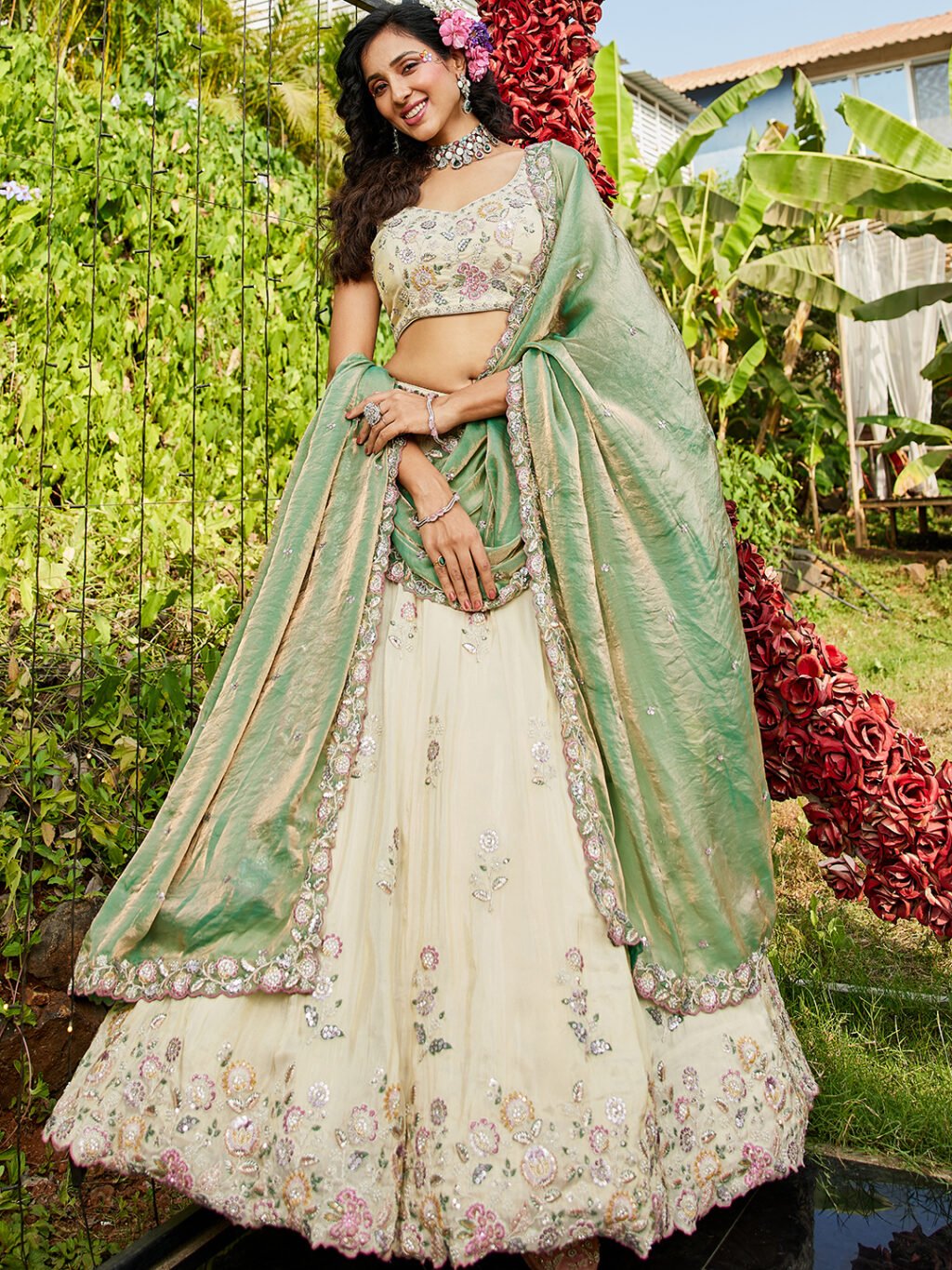 Cream Luxe Designer SemiStitched Lehenga Choli - Image 3