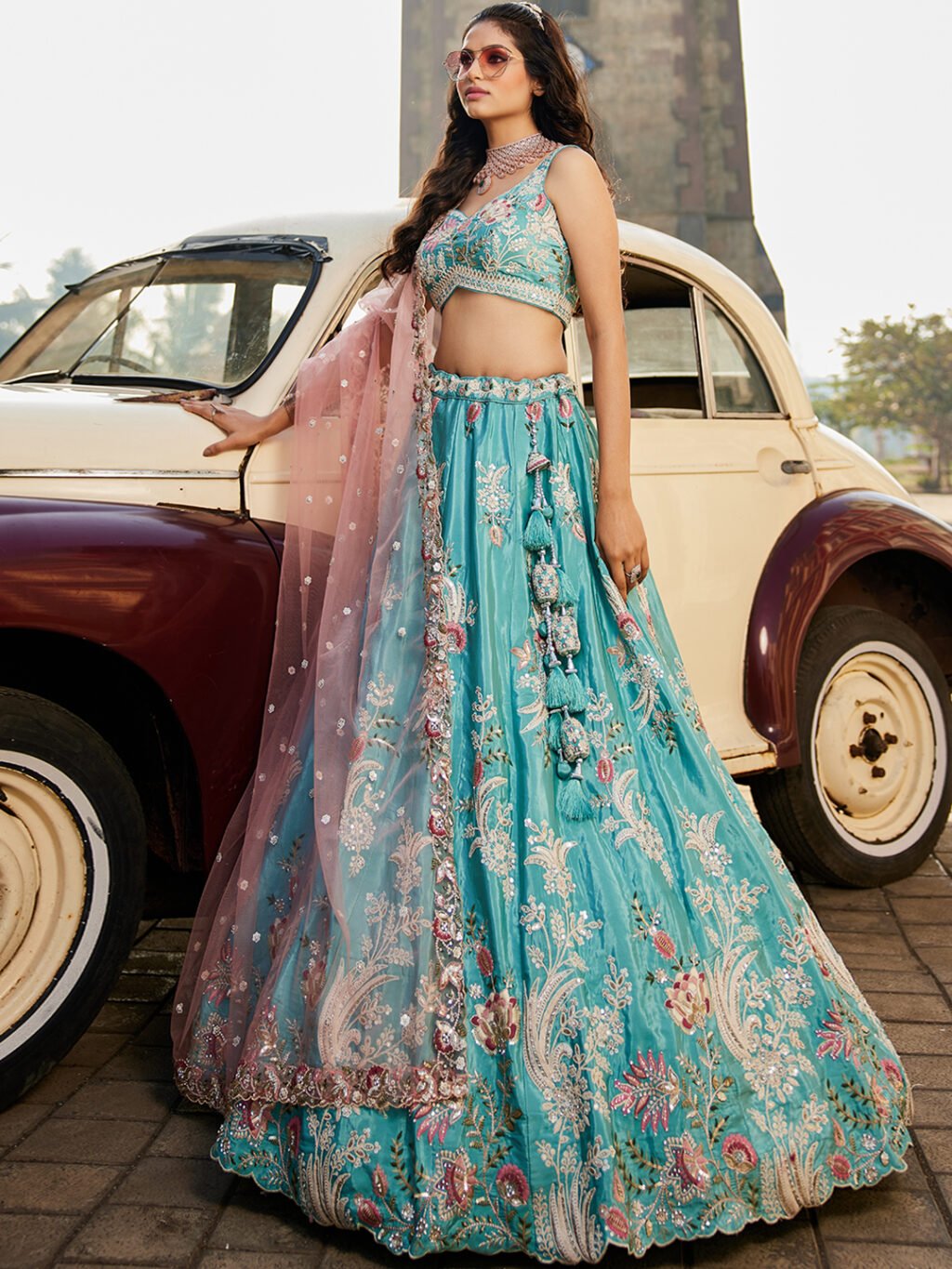 Turquoise Blue Luxe Designer SemiStitched Lehenga Choli - Image 3