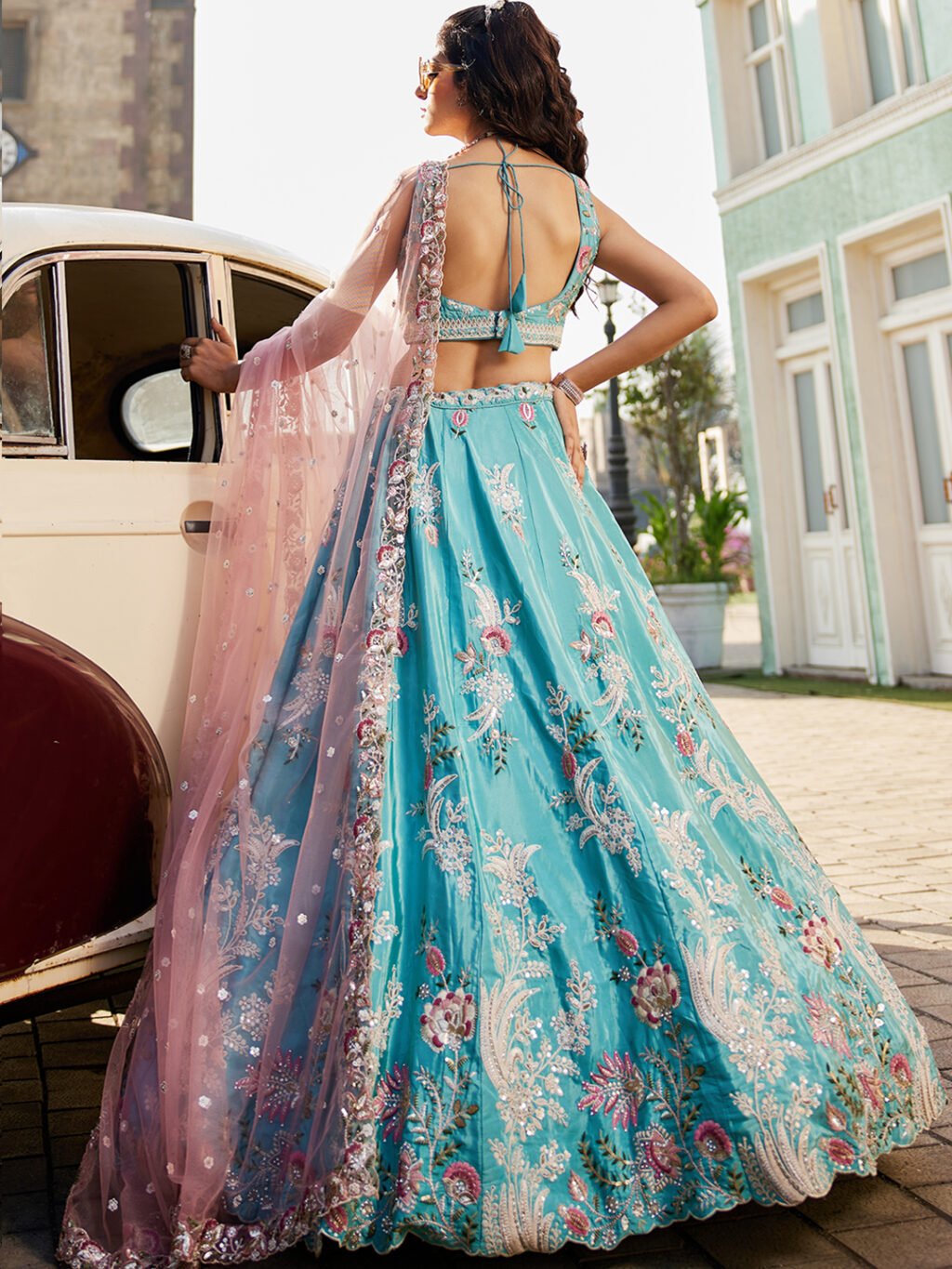 Turquoise Blue Luxe Designer SemiStitched Lehenga Choli - Image 4