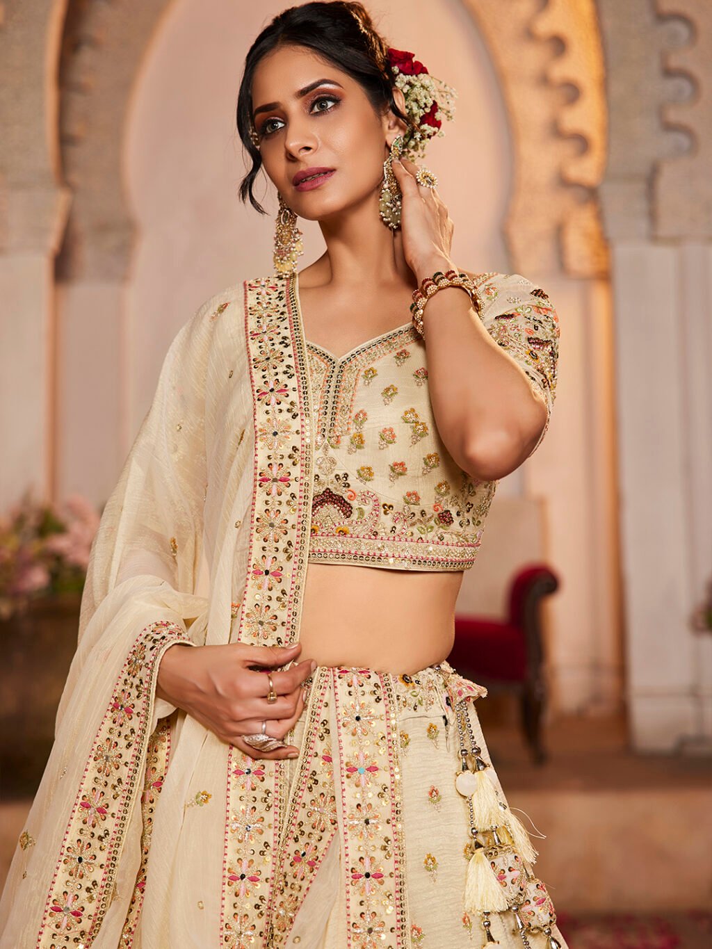 Cream Luxe Designer SemiStitched Lehenga Choli - Image 3