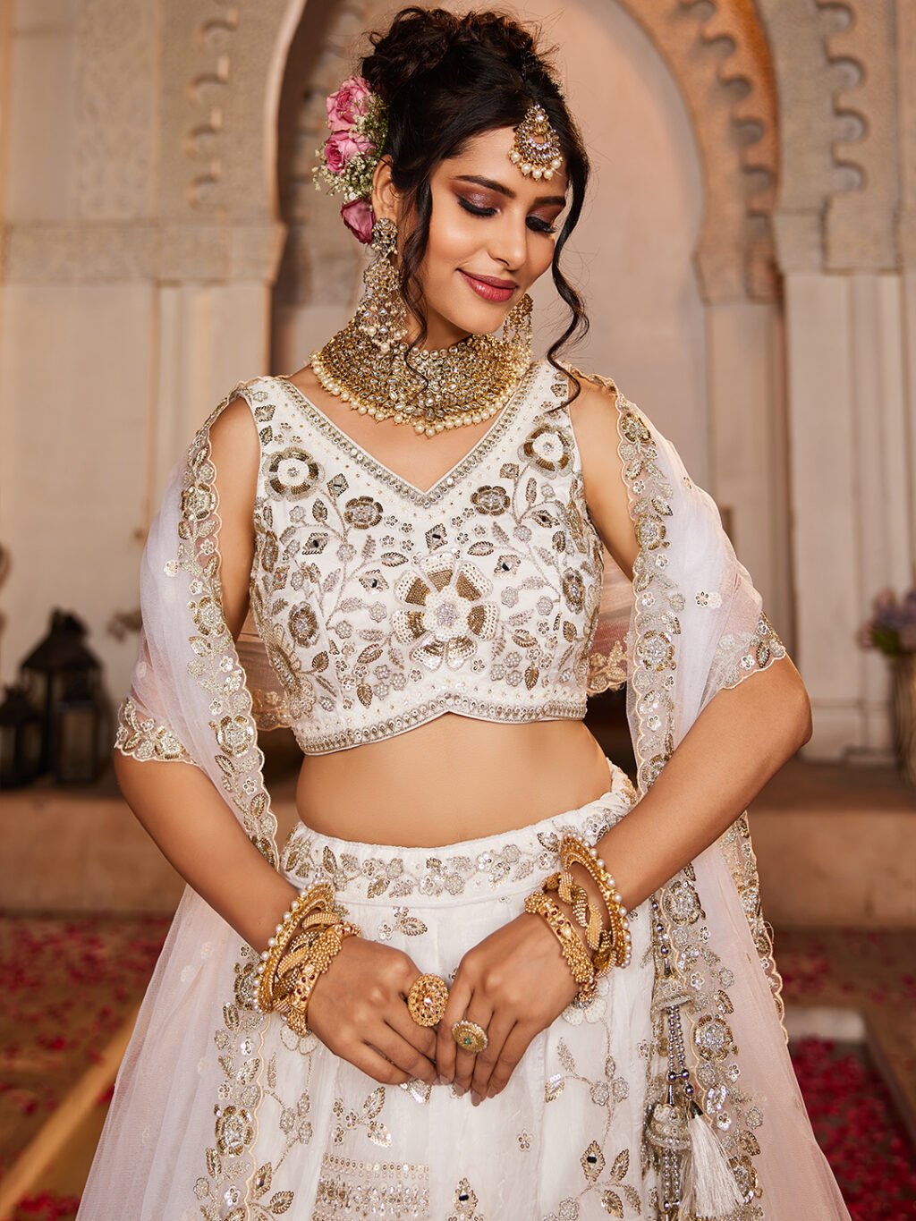 Off White Luxe Designer SemiStitched Lehenga Choli - Image 2