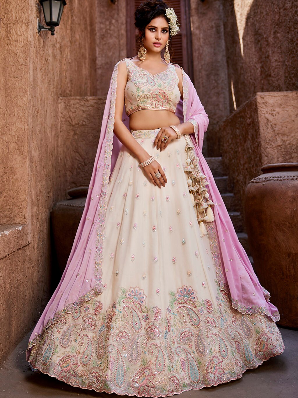 Cream Luxe Designer SemiStitched Lehenga Choli