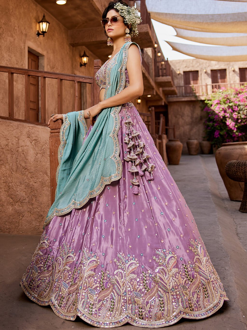 Lavender Satin Luxe Designer SemiStitched Lehenga Choli - Image 3
