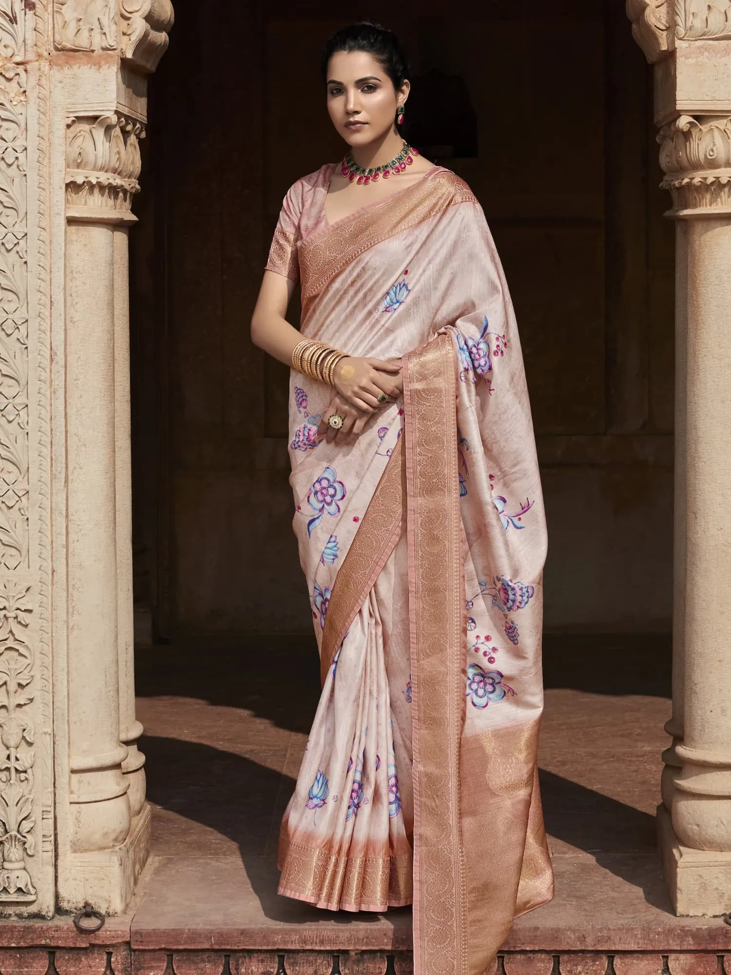 Light Peach Handloom Silk Saree