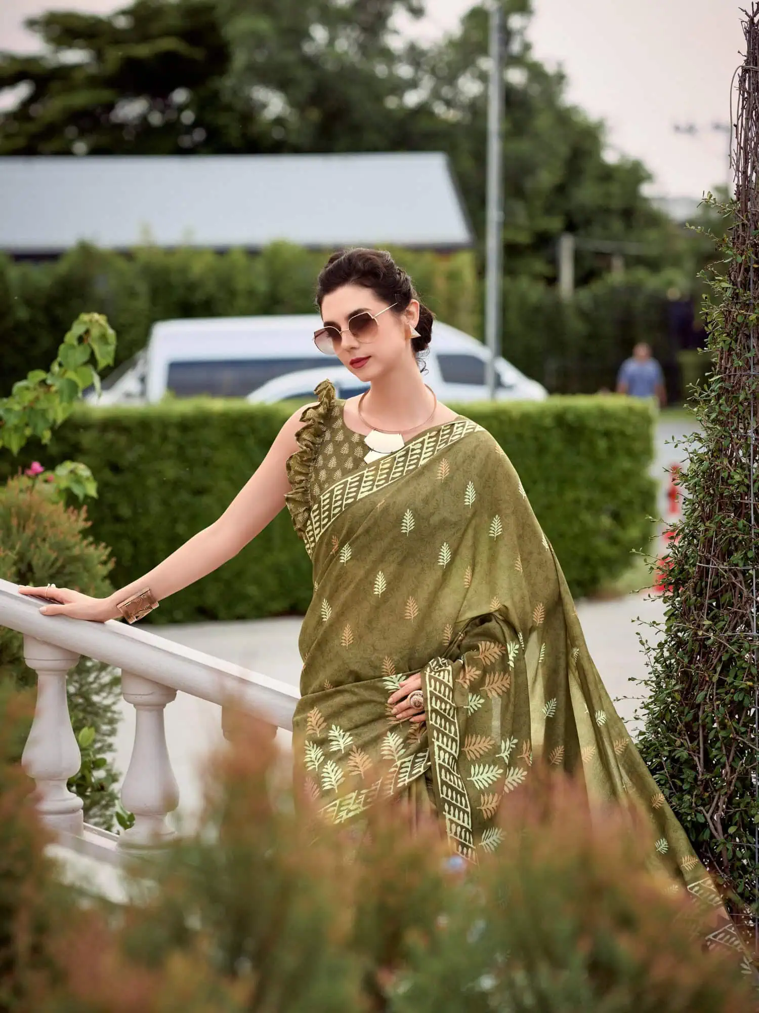 Olive Green Printed Mal Mal Silk Saree