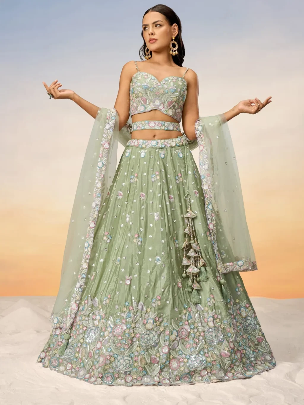 Lime Green Chiffon Luxe Designer SemiStitched Lehenga Choli
