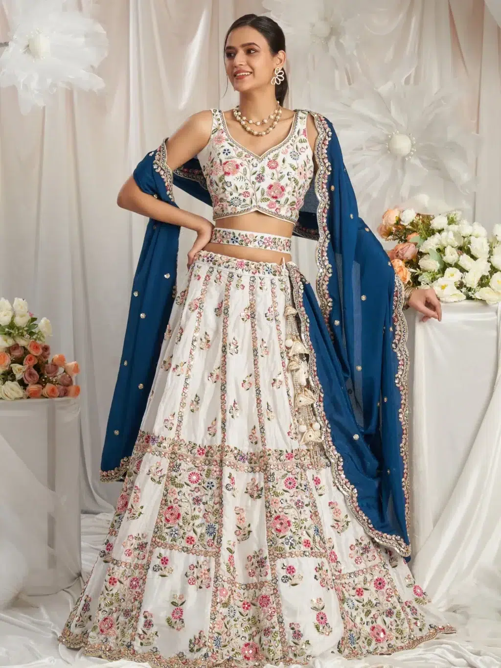 White With Navyblue Luxe Designer SemiStitched Lehenga Choli
