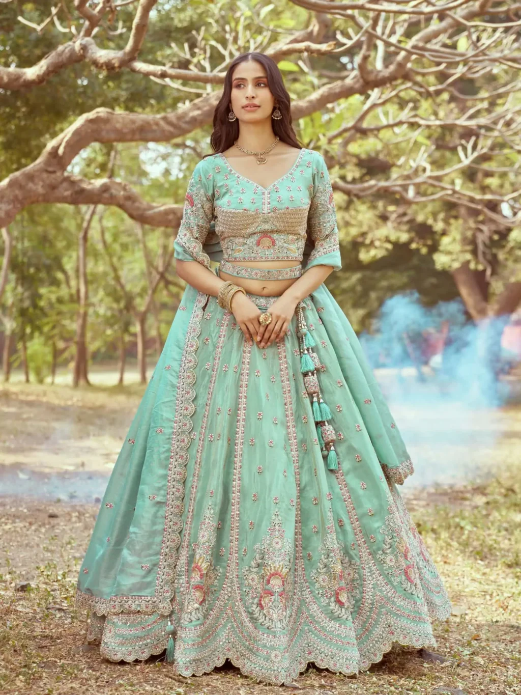 Seagreen Gold Crushed Luxe Designer SemiStitched Lehenga Choli in GREEN color
