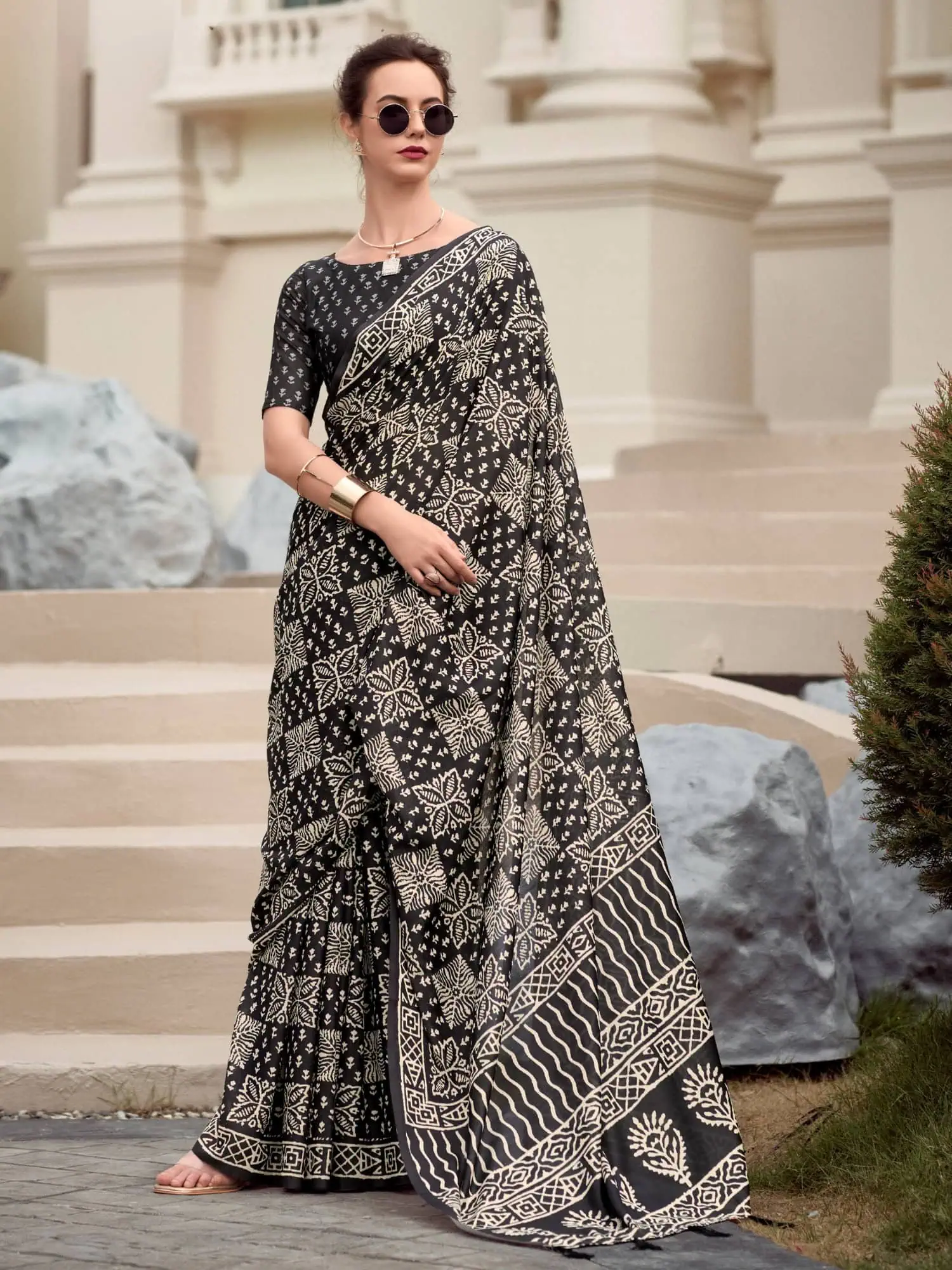 Black Printed Mal Mal Silk Saree