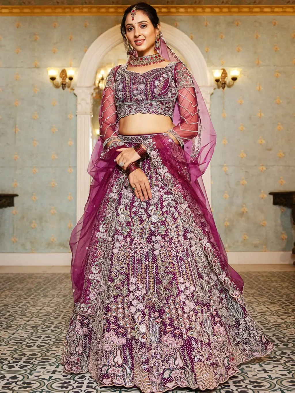 Burgundy Luxe Designer SemiStitched Lehenga Choli in PURPLE color