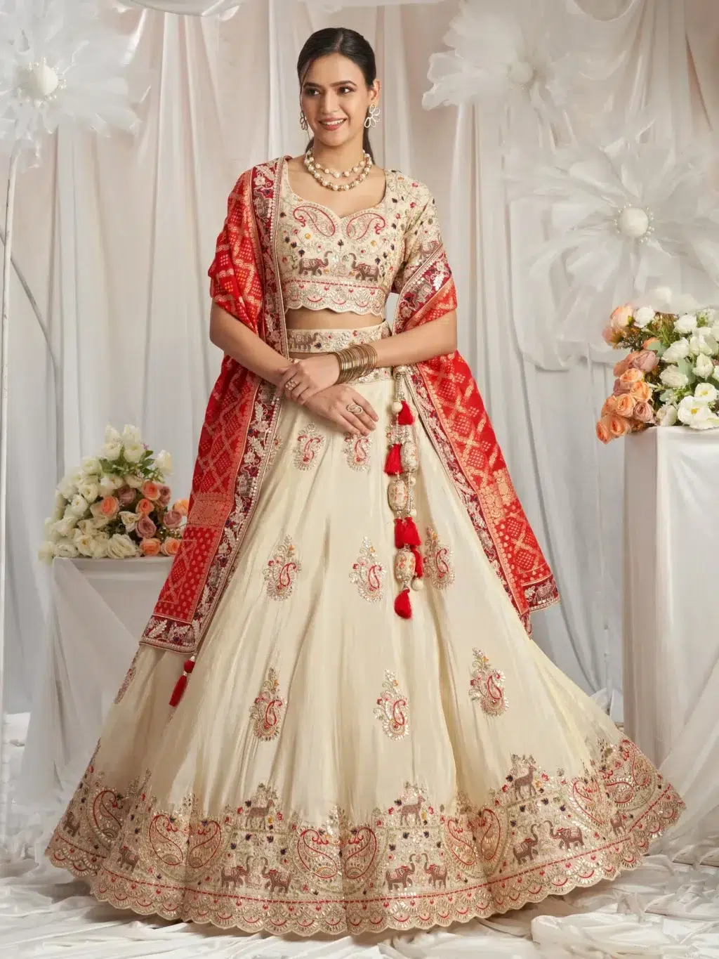 Cream With Red Luxe Designer SemiStitched Lehenga Choli