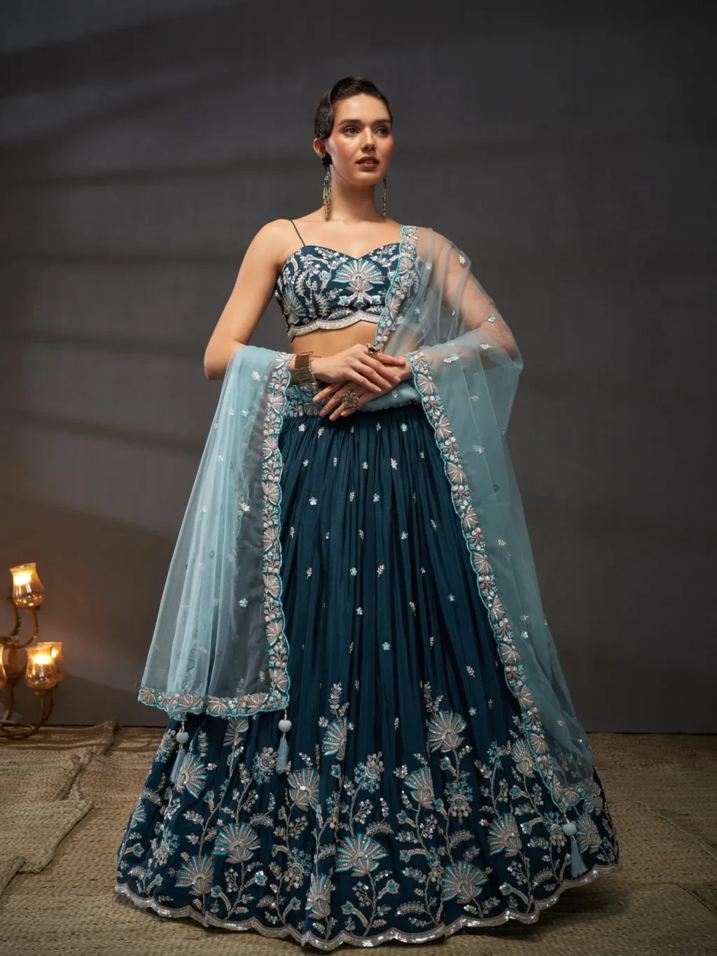 Teal Pure Chiffon Luxe Designer SemiStitched Lehenga Choli