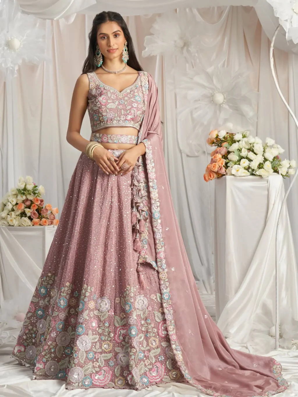 Rose Gold Pure Chiffon Luxe Designer SemiStitched Lehenga Choli product image