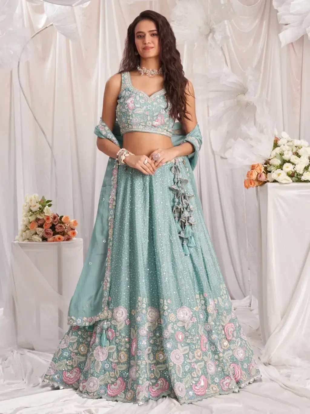 Sea Green Pure Chiffon Luxe Designer SemiStitched Lehenga Choli