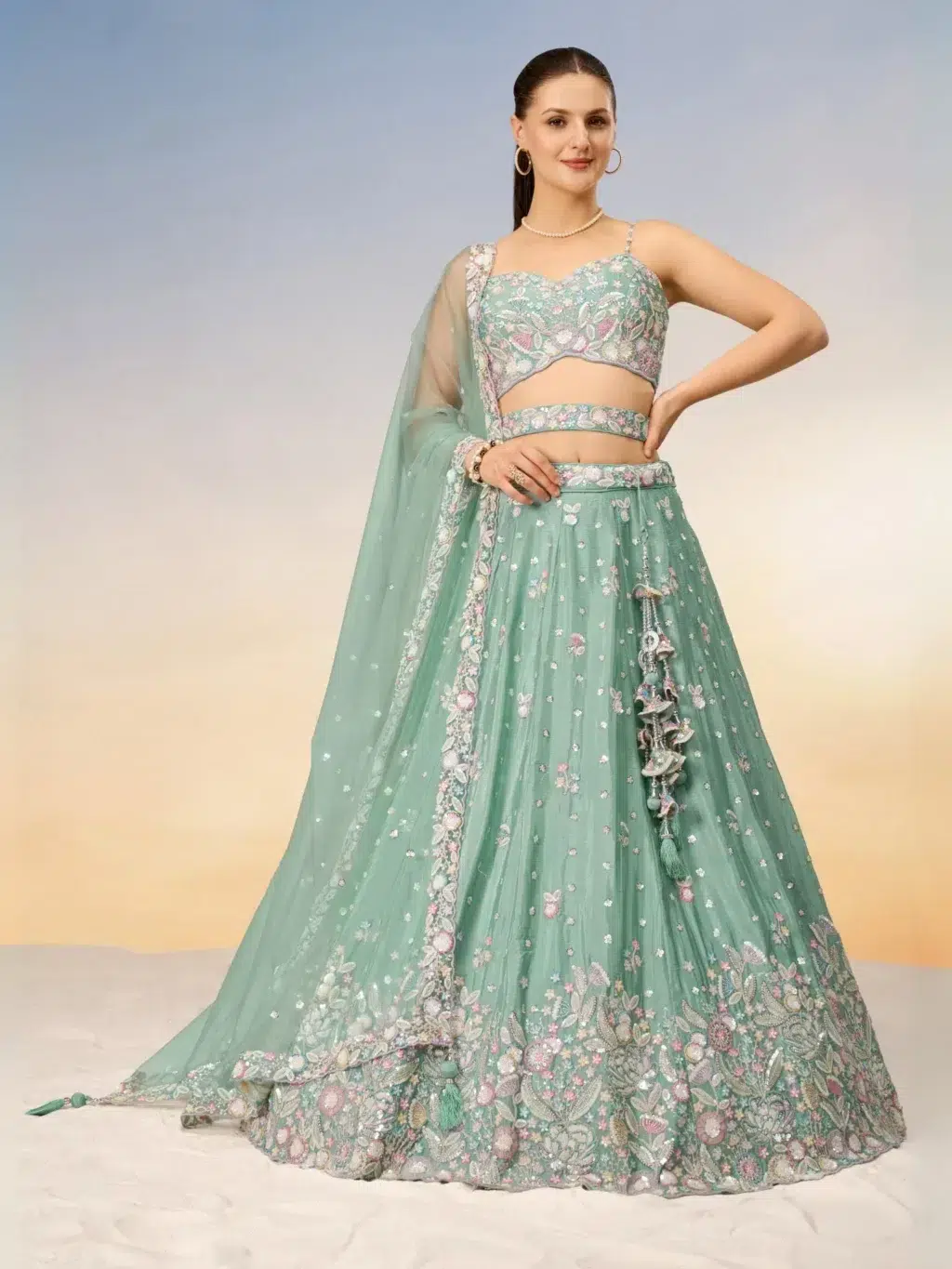 Sea Green Chiffon Luxe Designer SemiStitched Lehenga Choli in GREEN color