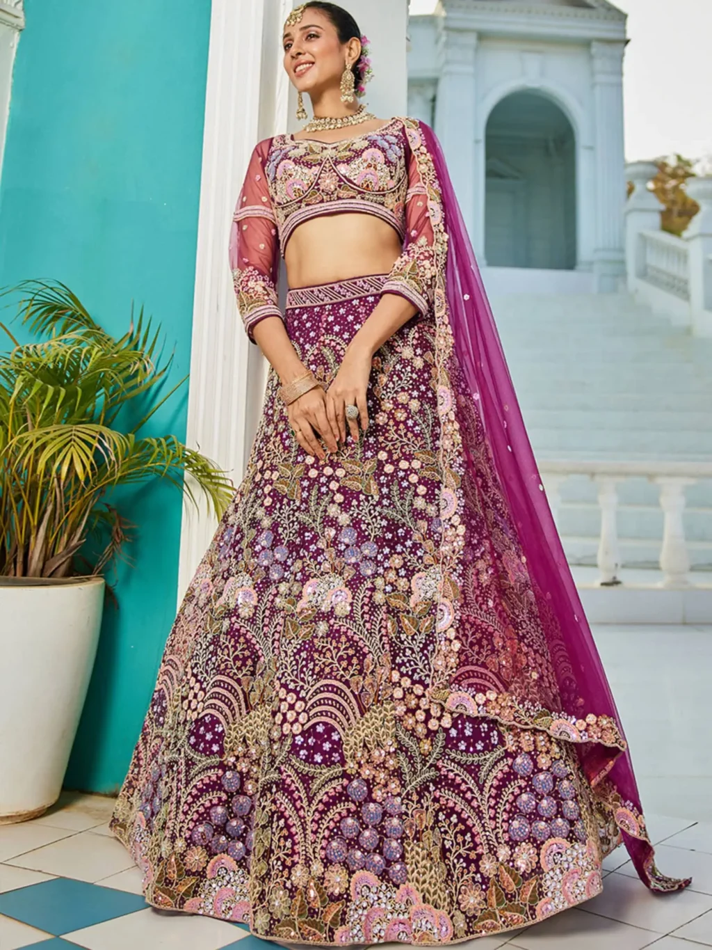 Burgundy Luxe Designer SemiStitched Lehenga Choli in PURPLE color