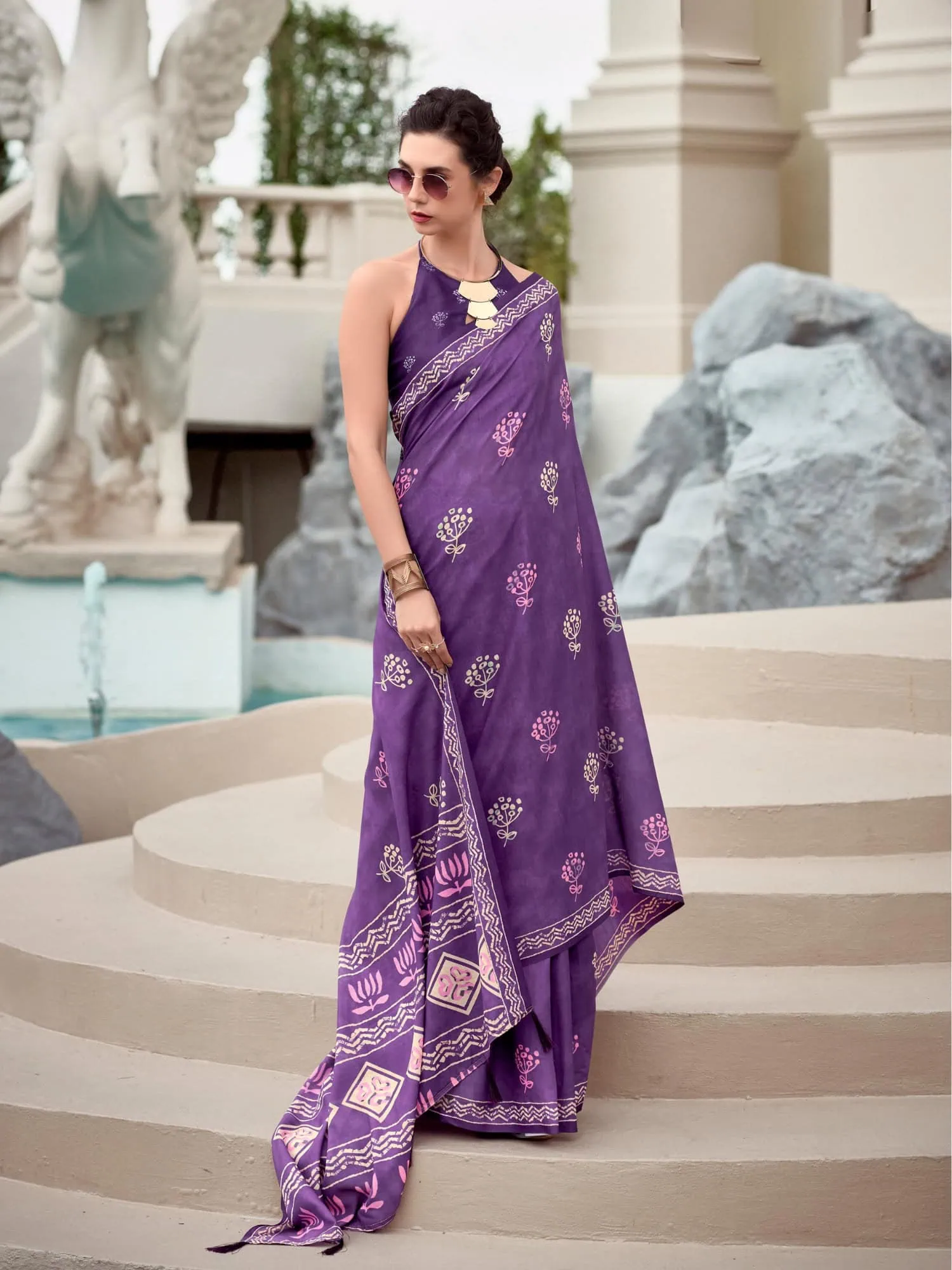 Purple Printed Mal Mal Silk Saree
