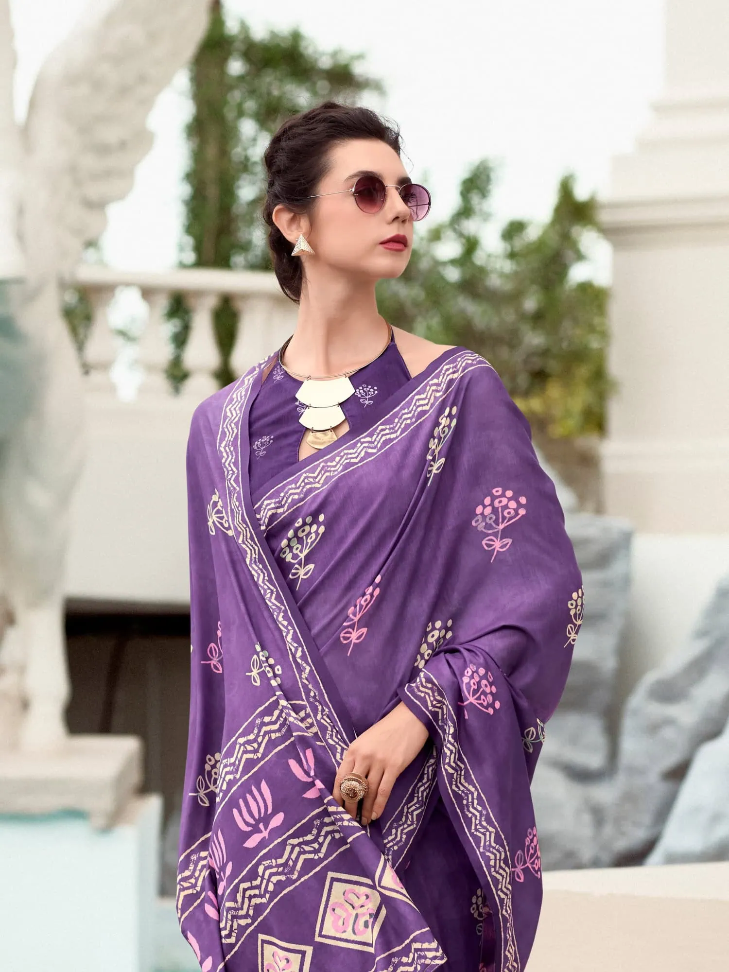 Purple Printed Mal Mal Silk Saree