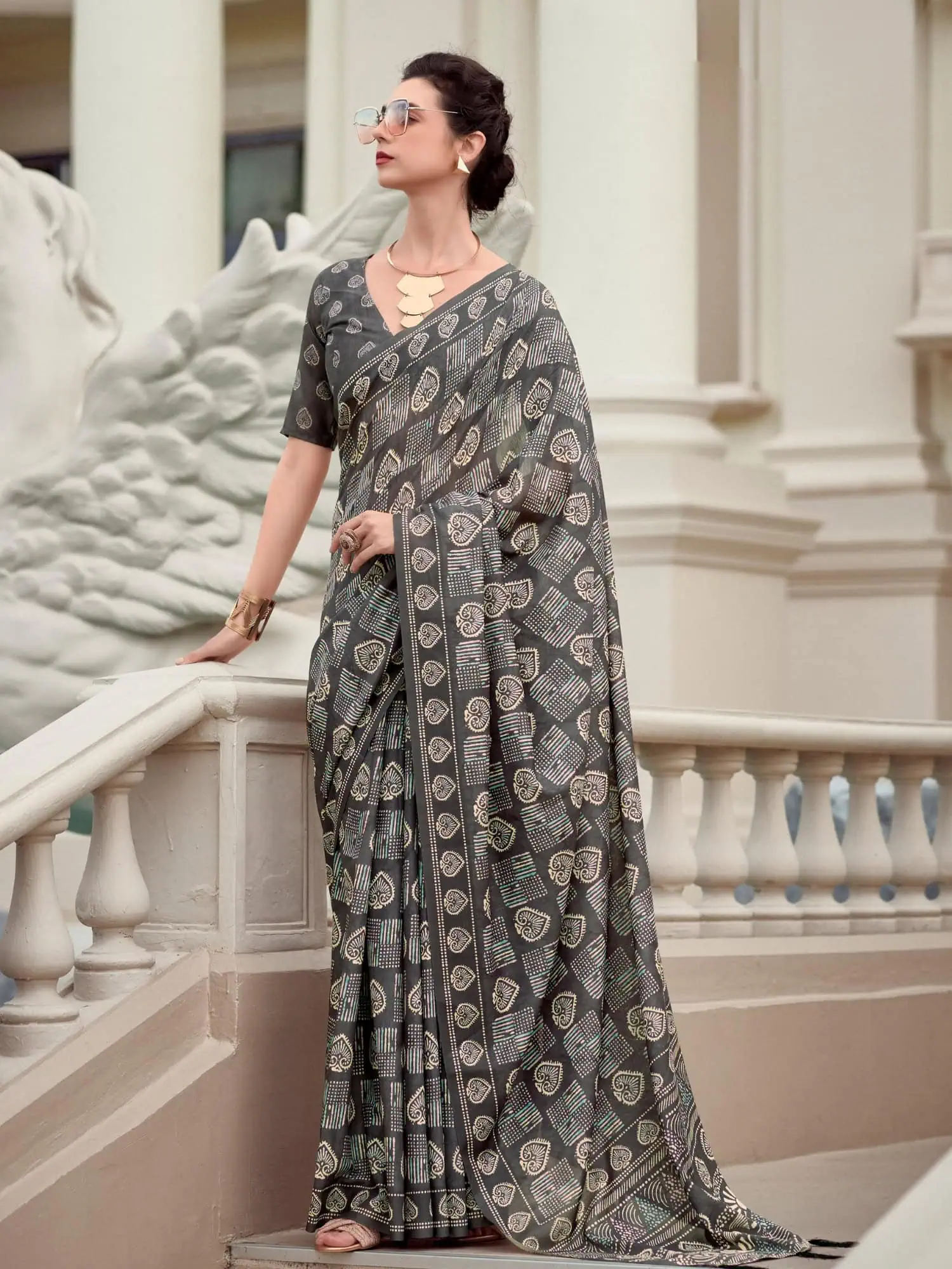 Grey Printed Mal Mal Silk Saree