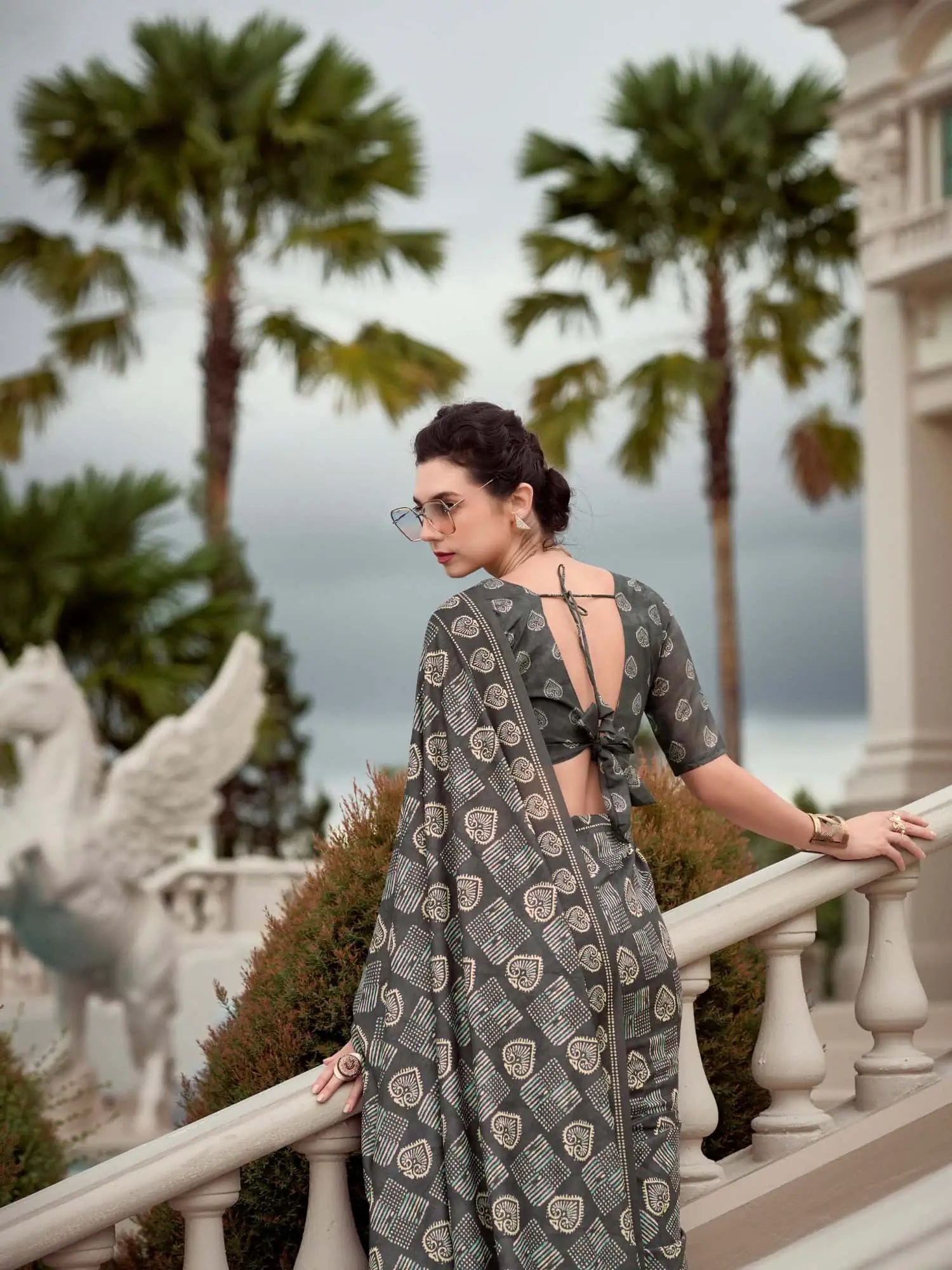 Grey Printed Mal Mal Silk Saree
