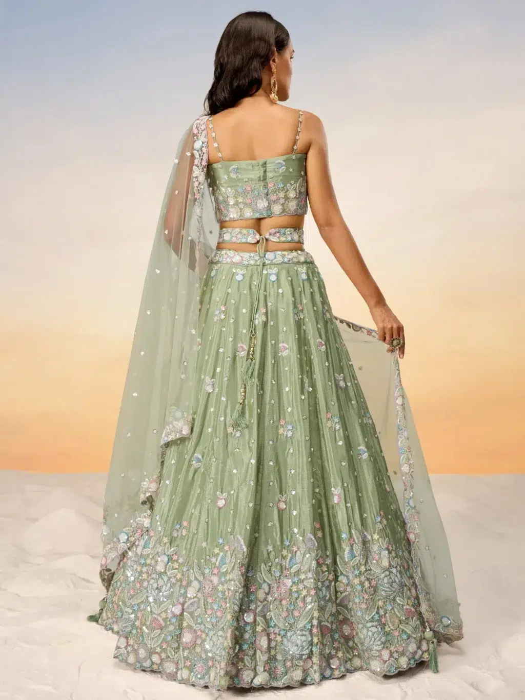 Lime Green Chiffon Luxe Designer SemiStitched Lehenga Choli - Image 2