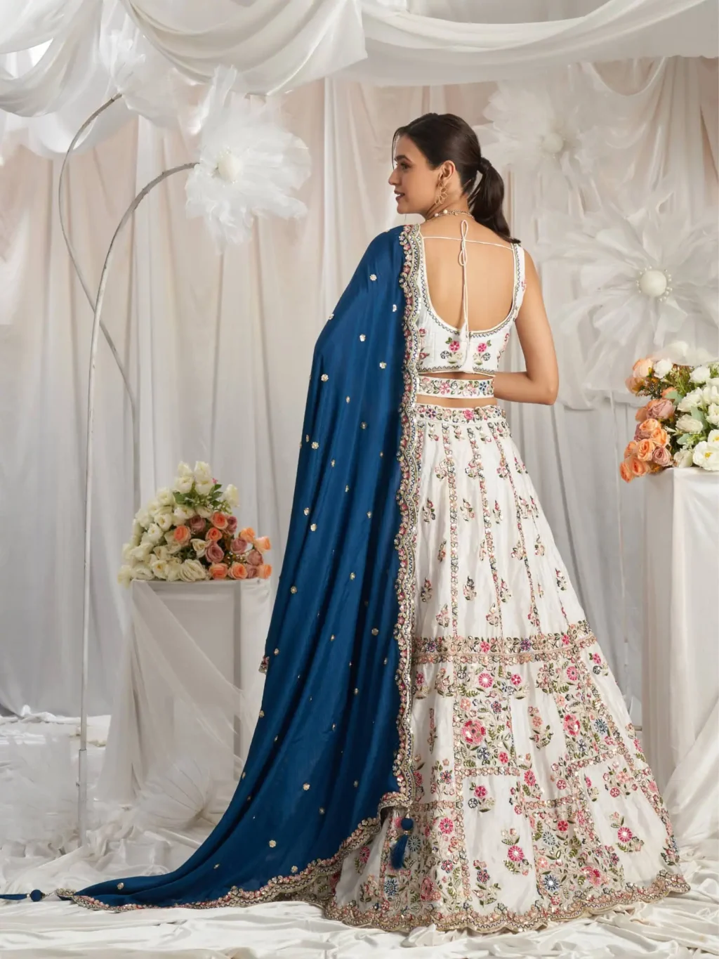White With Navyblue Luxe Designer SemiStitched Lehenga Choli - Image 2