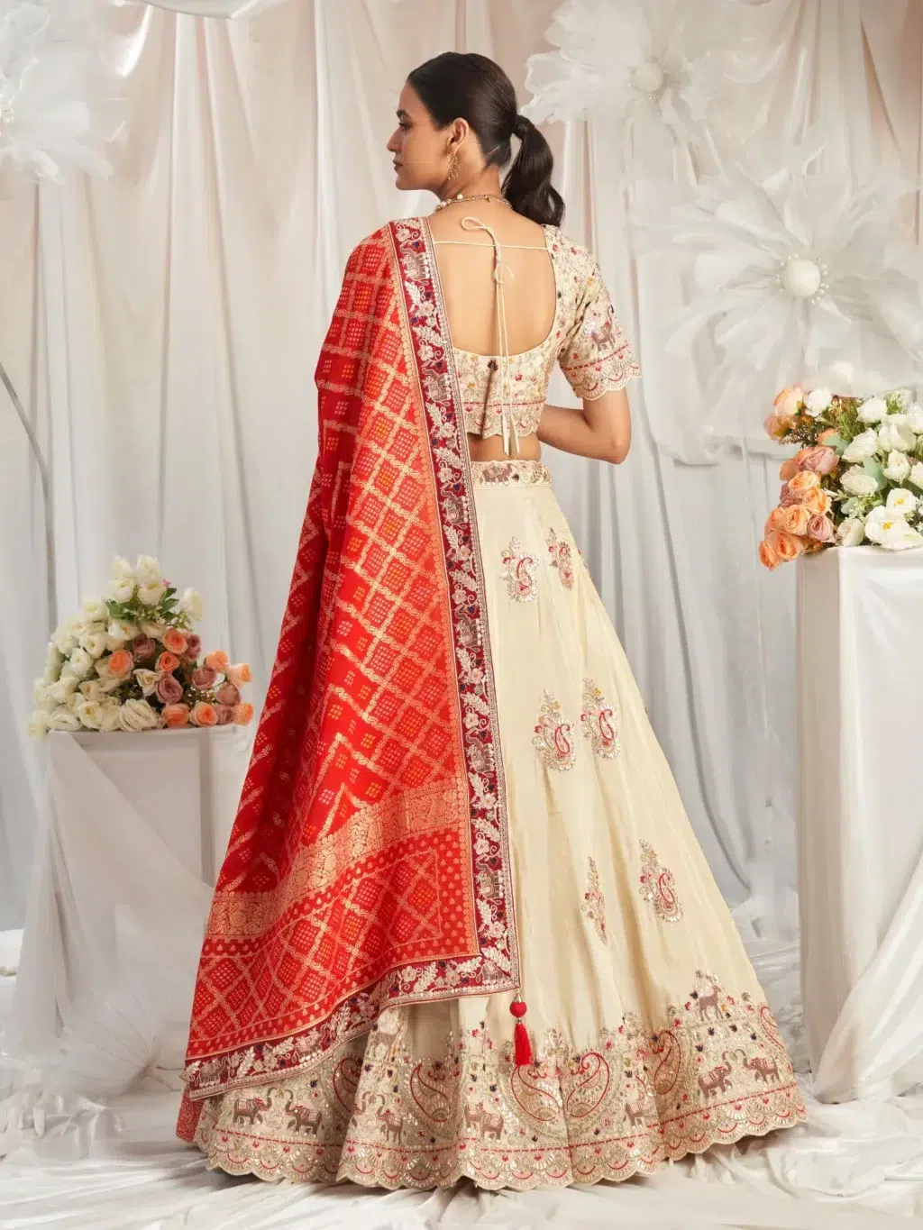 Cream With Red Luxe Designer SemiStitched Lehenga Choli - Image 2