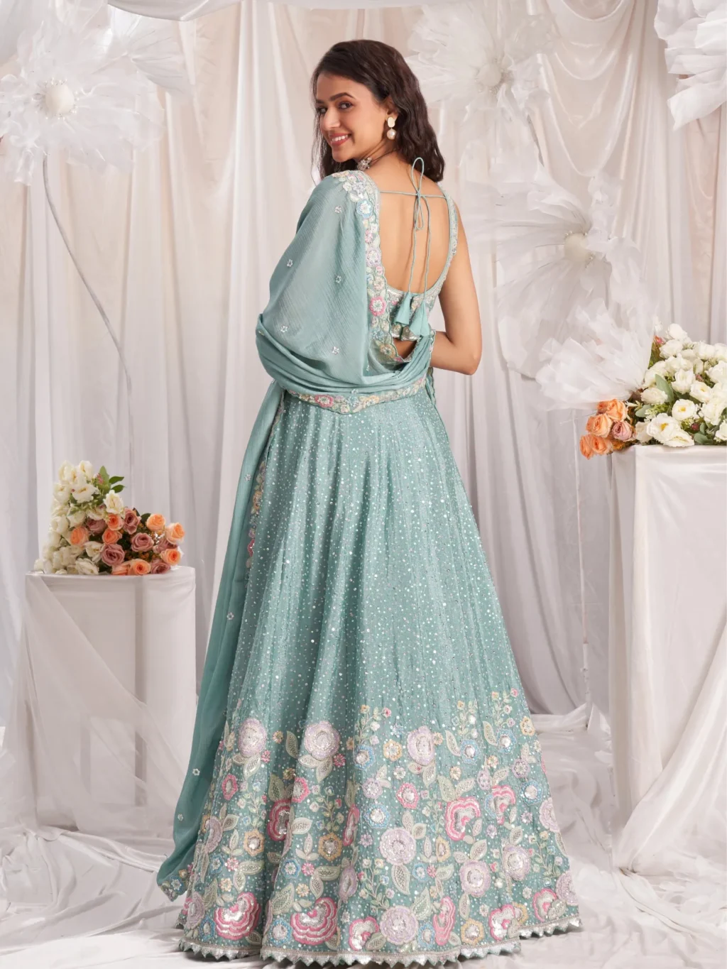 Sea Green Pure Chiffon Luxe Designer SemiStitched Lehenga Choli - Image 2