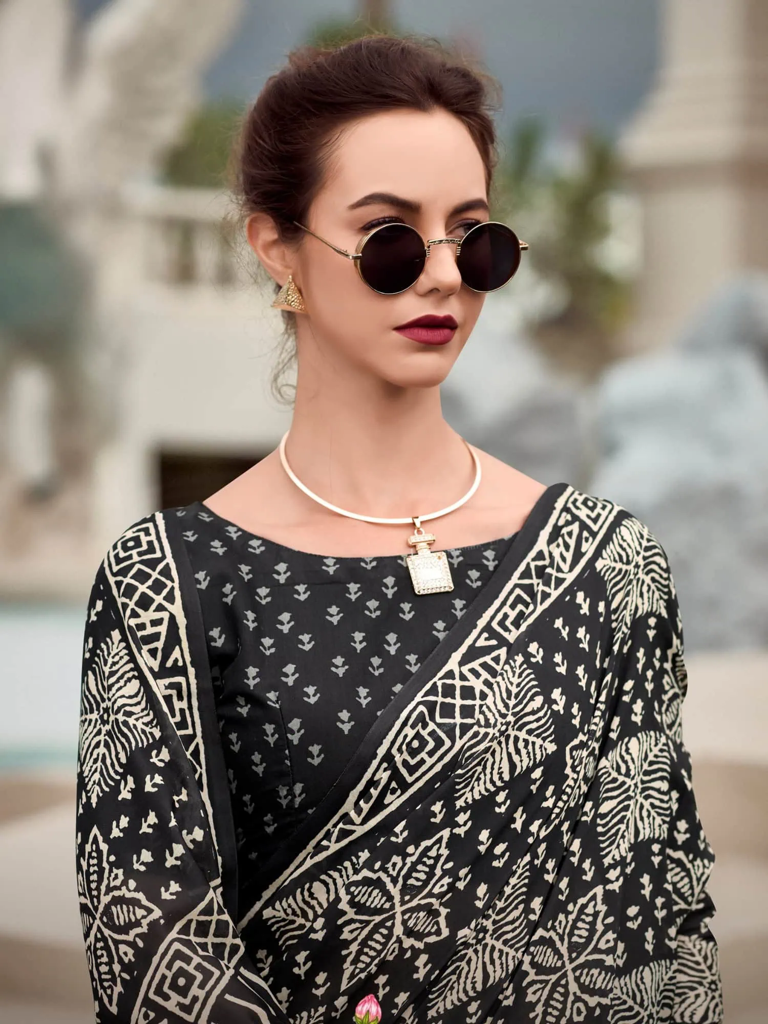 Black Printed Mal Mal Silk Saree