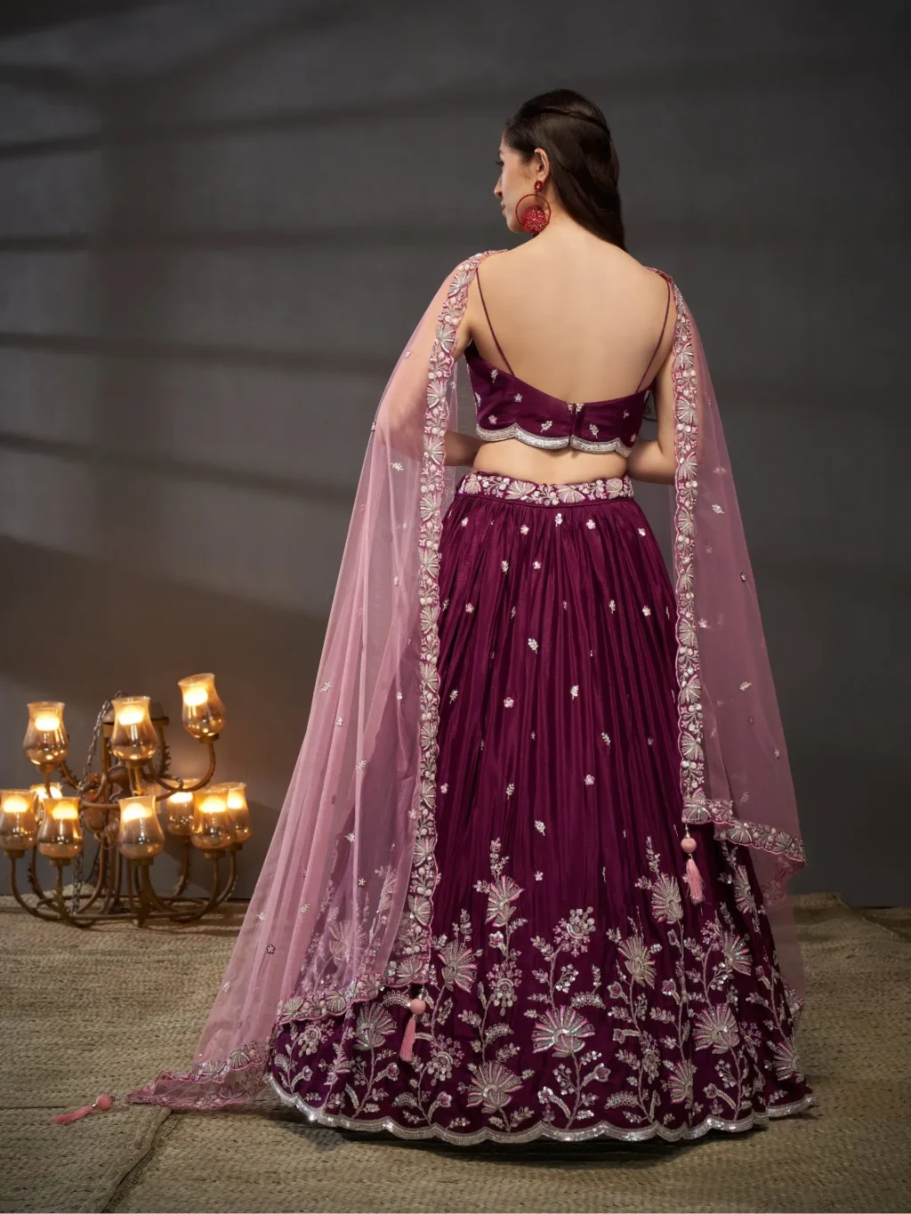 Burgundy Pure Chiffon Luxe Designer SemiStitched Lehenga Choli - Image 3