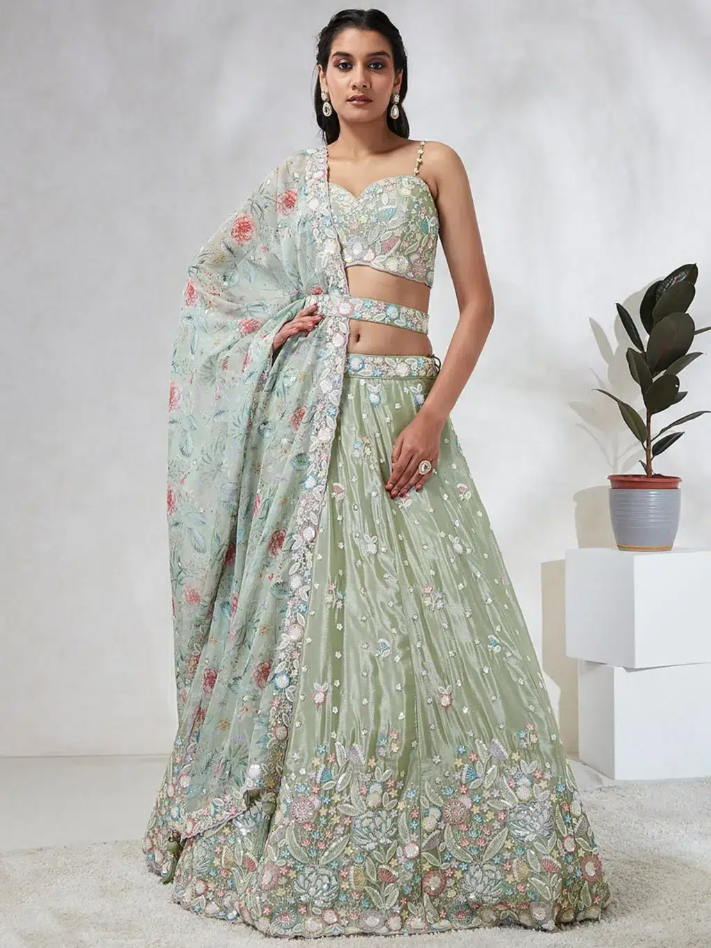 Lime Green Chiffon Luxe Designer SemiStitched Lehenga Choli - Image 3