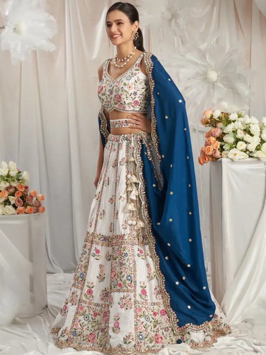 White With Navyblue Luxe Designer SemiStitched Lehenga Choli - Image 3