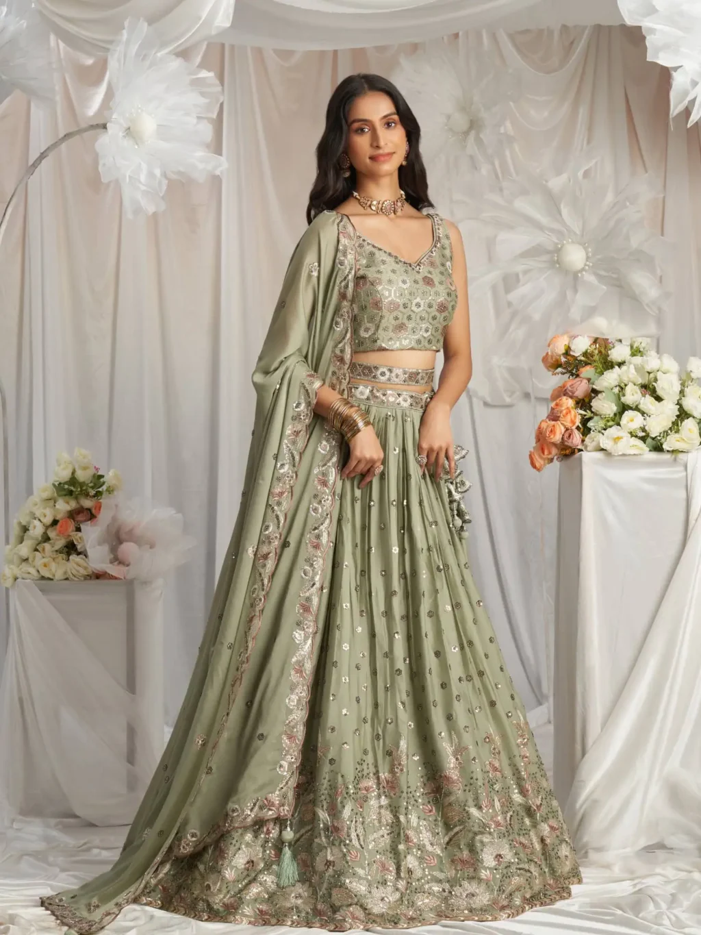 Lime Green Luxe Designer SemiStitched Lehenga Choli - Image 3