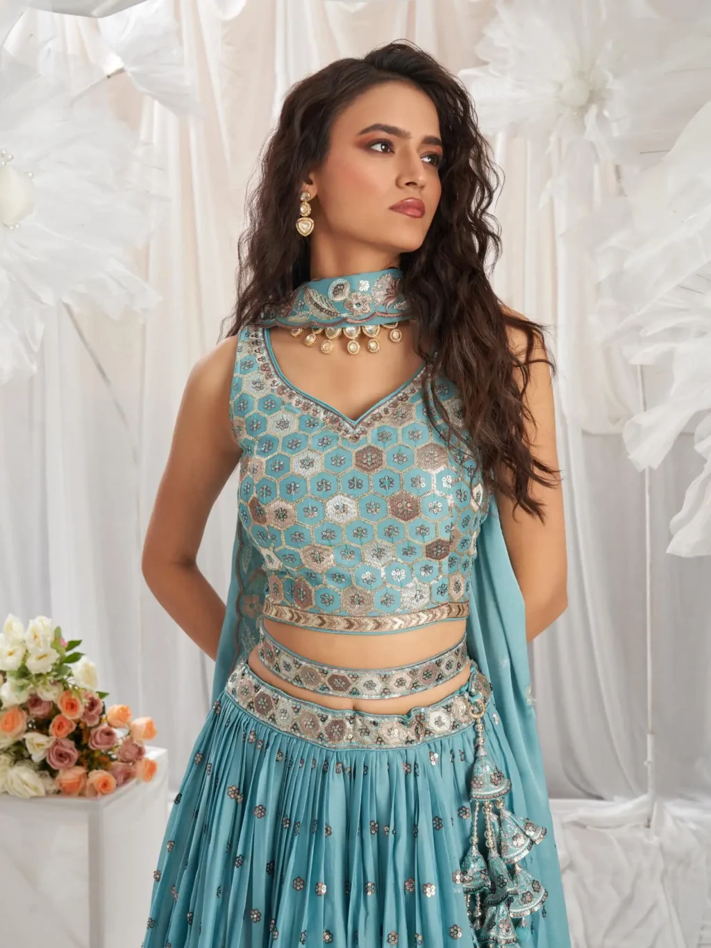 Turquoise Blue Luxe Designer SemiStitched Lehenga Choli - Image 3