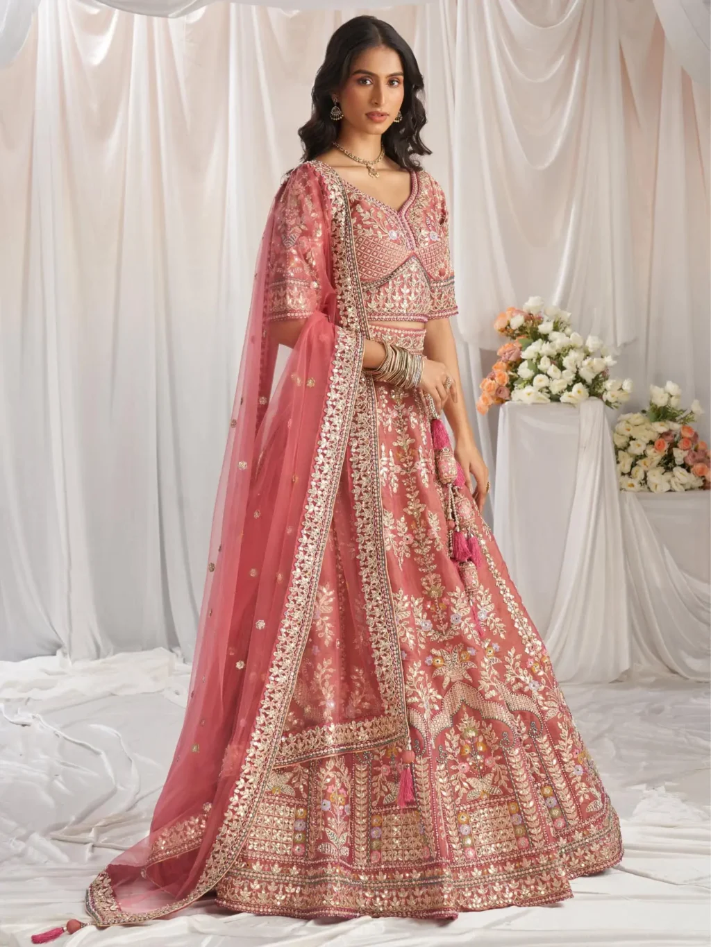Rose Gold Bridel Luxe Designer SemiStitched Lehenga Choli - Image 3