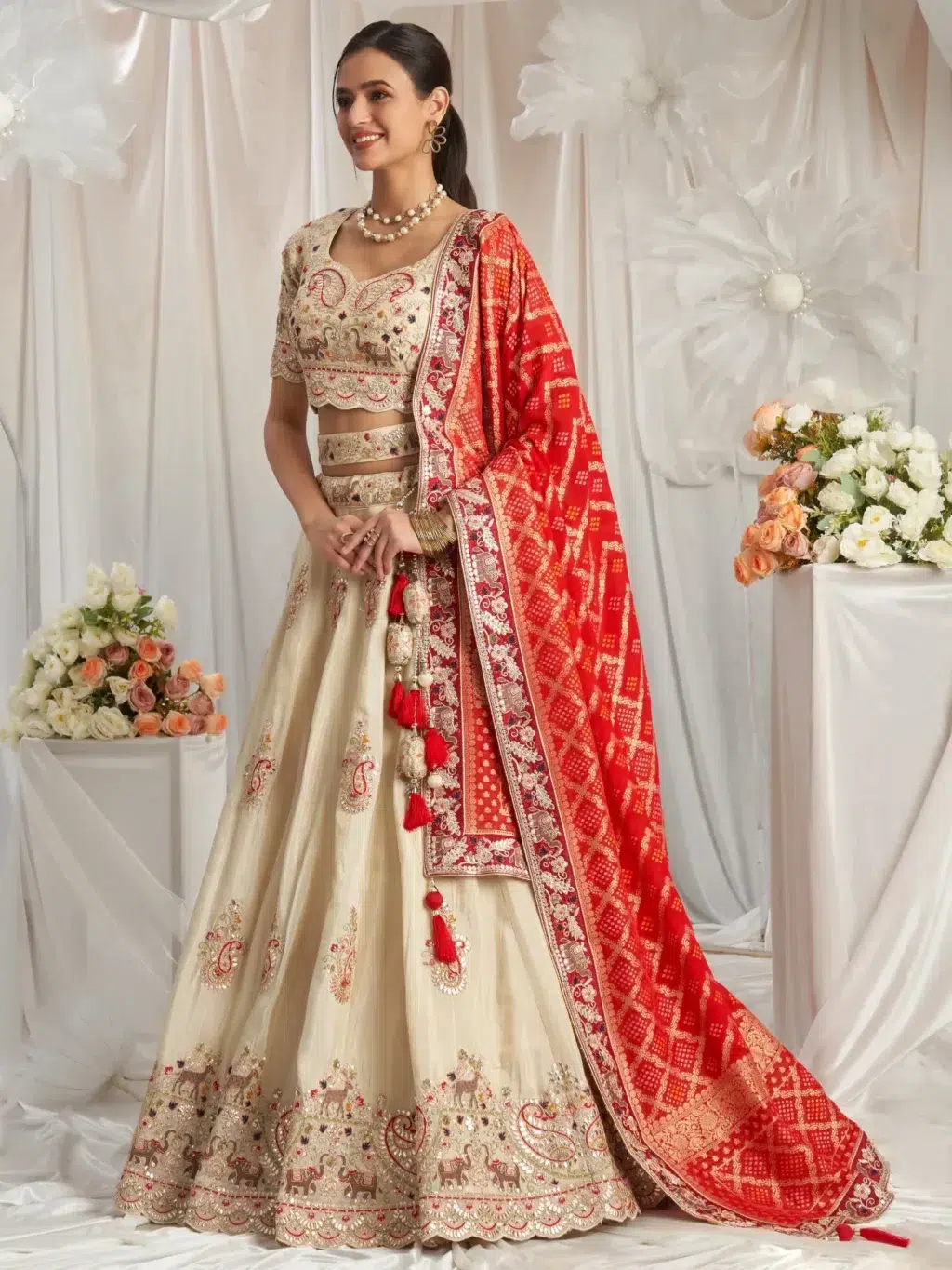Cream With Red Luxe Designer SemiStitched Lehenga Choli - Image 3