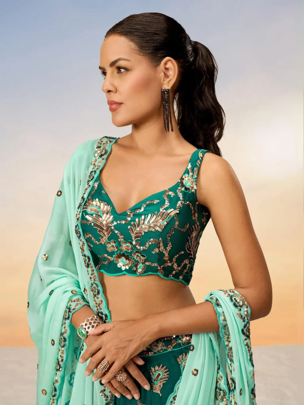 Green Pure Luxe Designer SemiStitched Lehenga Choli - Image 3